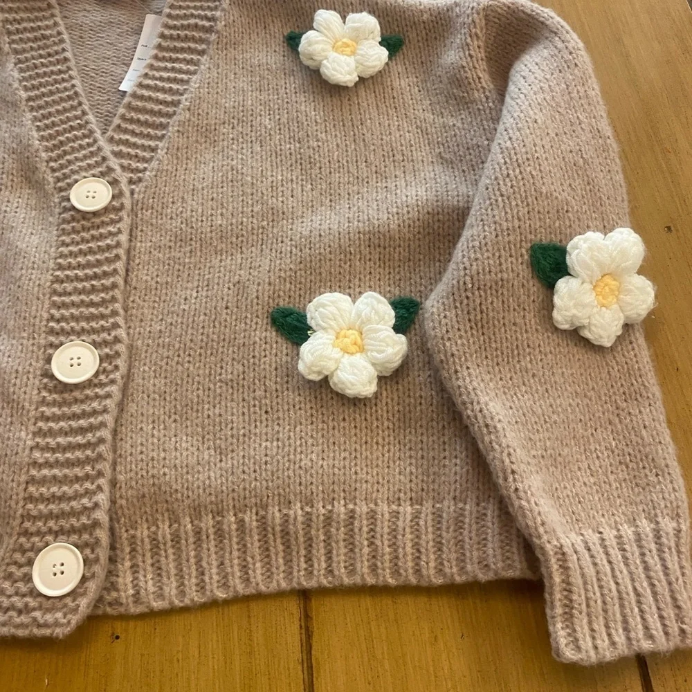 Women’s Knit Cardigan Cottagecore Crochet Flowers Oversized New M-XL - Picture 4 of 11